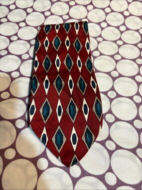 Monterey Bay  Red Geometric Diamond Pattern Tie with Teal and White Accents